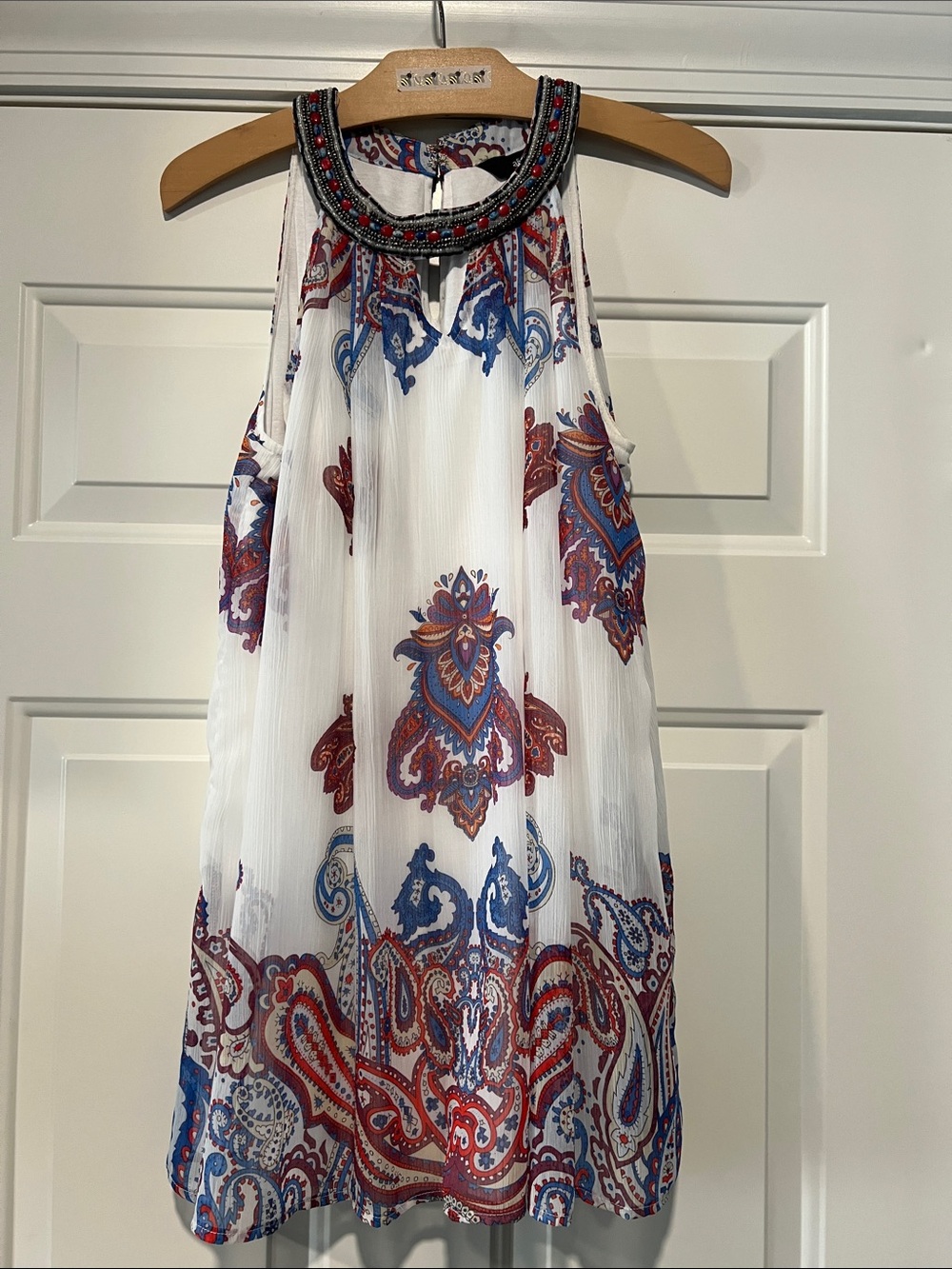 Ali Miles Sz S Ivory Paisley Halter Top Beaded Neck Artsy Boho Glam Indie Party